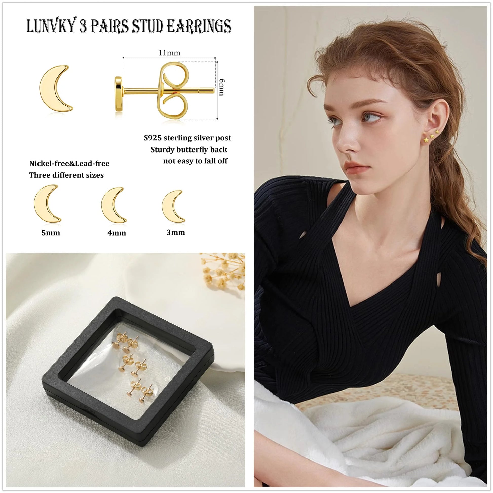 3 Pairs 18K Gold Plated Moon Stud Earrings for Women Small Cartilage Hypoallergenic Post Earring Sets for Multiple Piercing Birthday Valentines Day Jewelry Gifts Teen Girlfriend Wife Her Age