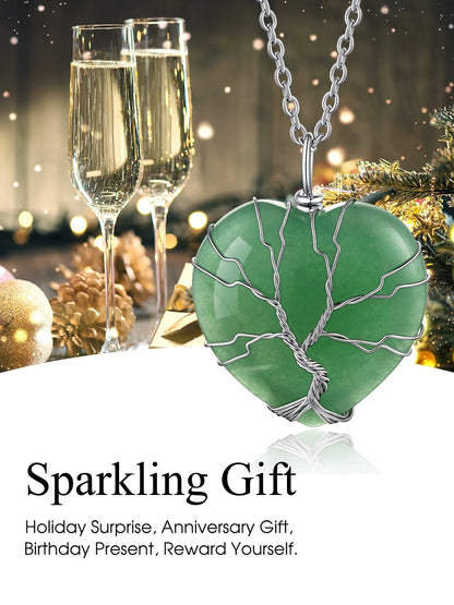 Tree of Life Heart Crystal Necklaces August Birthstone Pendant Nature Aventurine Gemstones Healing Necklaces