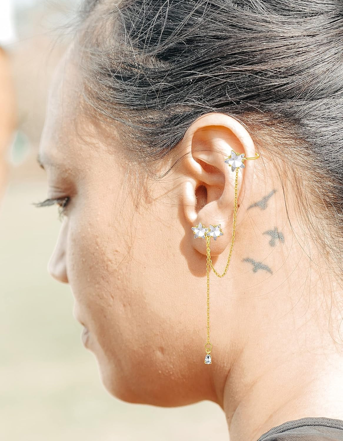 6-12Pcs Cuff Earring Chain Leaf Snowflake Star Butterfly with CZ Crawler Climber Earring Studs Drop Dangling Chain Wrap Tassel Earring for Women Men 20G Silver Gold Tone