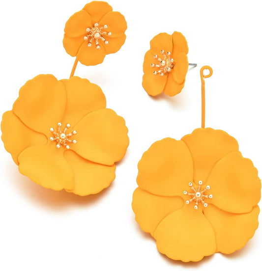 Metal Poppy Flower Dangle Earring- Matte Painted Dual Flower Floral Petal Tiered Drop for Women