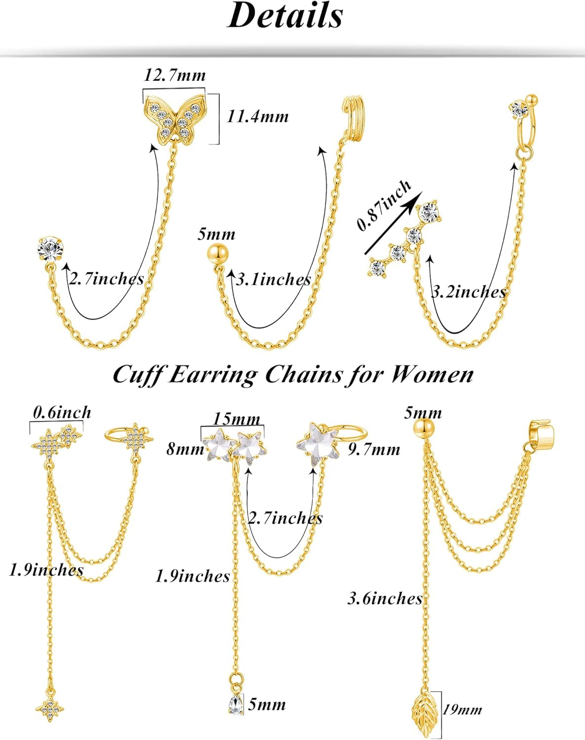6-12Pcs Cuff Earring Chain Leaf Snowflake Star Butterfly with CZ Crawler Climber Earring Studs Drop Dangling Chain Wrap Tassel Earring for Women Men 20G Silver Gold Tone