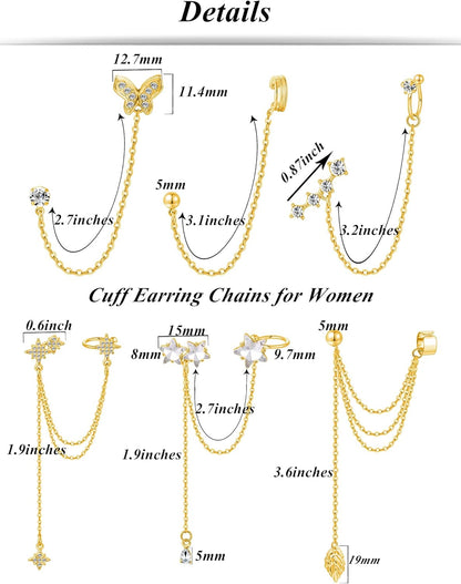 6-12Pcs Cuff Earring Chain Leaf Snowflake Star Butterfly with CZ Crawler Climber Earring Studs Drop Dangling Chain Wrap Tassel Earring for Women Men 20G Silver Gold Tone