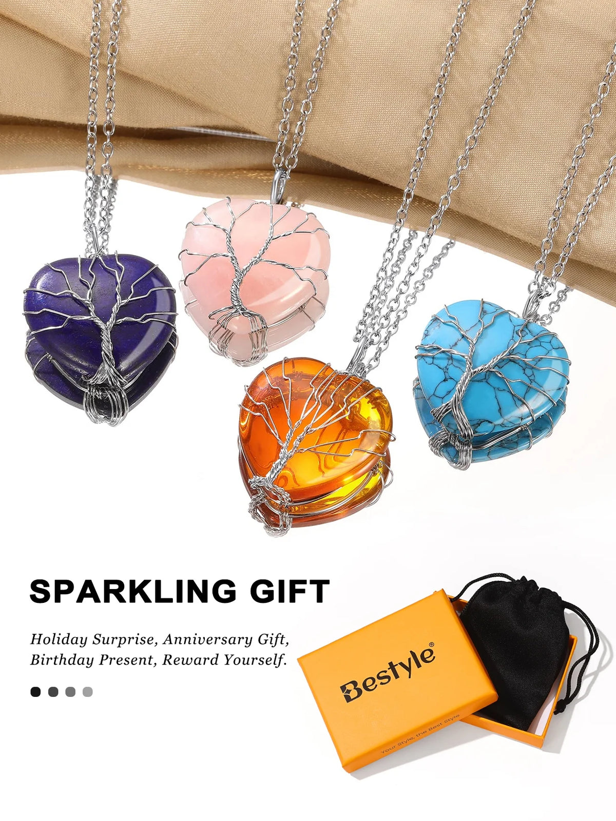 Tree of Life Heart Crystal Necklaces July Birthstone Pendant Nature Red Agate Gemstones Healing Necklaces