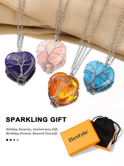 Tree of Life Heart Crystal Necklaces July Birthstone Pendant Nature Red Agate Gemstones Healing Necklaces